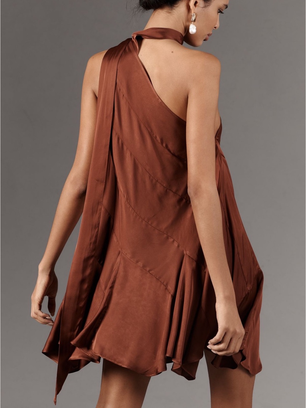 Anthropologie One-Shoulder Chocolate Brown Mini Dress - Picture 2 of 6